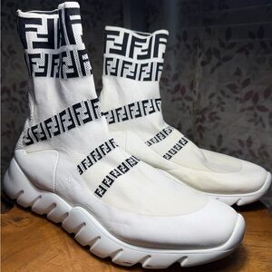 Fendi Zucca FF Logo Sock Sneakers White High-Top Men's US 10-10.5